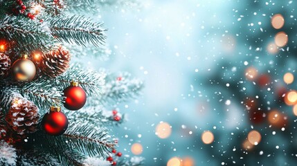Snow-Covered Christmas Tree Branch with Ornaments and Pine Cones
