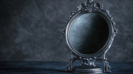 A decorative vintage mirror set against a dark background, creating an eerie and haunting atmosphere. The ornate frame showcases intricate details, reflecting a sense of elegance