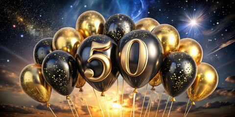Golden and Black Balloons with 50 in the Sky, Celebration, Anniversary
