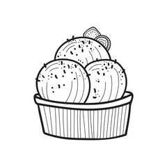 Ice cream in a bowl icon in doodle engraved sketch style isolated on white background. Traditional dessert sign. Hand drawn illustration for cafe, bakery, coffee shop, cafe, restaurant menu