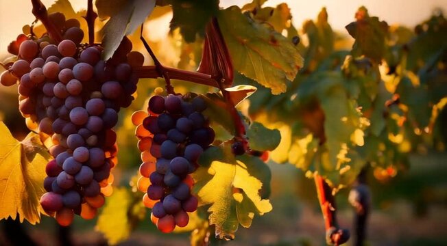 Videiras, Uvas, P&ocirc;r do sol, Campo, Agricultura, Vinhedo, Natureza, Luz dourada, Cacho de uvas, Folhas verdes, Paisagem rural, Ver&atilde;o, Cores vibrantes, Colheita, Frutos, Ambiente tranquilo, C&eacute;u colorido