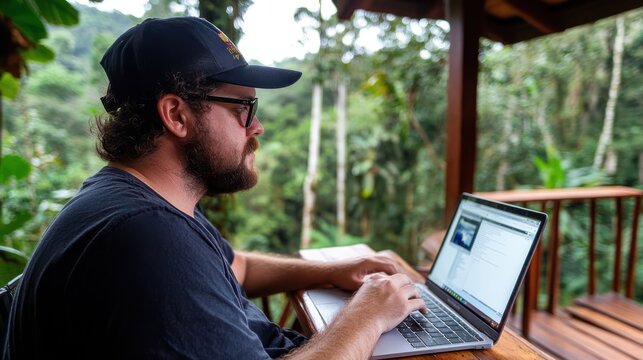 A man wearing glasses and a cap is focused on his laptop, working on code while seated on a balcony overlooking a dense forest in a remote location.