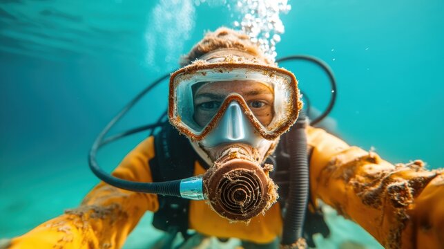 A male scuba diver takes a selfie underwater, wearing a protective mask with dried seaweed on it, surrounded by clear turquoise water, symbolizing underwater adventure.