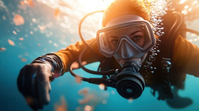 A scuba diver in full gear swims underwater, captivated by the surrounding marine life and coral, depicting exploration and adventure in the ocean's depths.