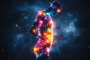 A man with a colorful body is standing in front of a dark background