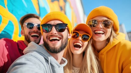 A group of four friends capture a joyful selfie against a bright and colorful mural, showcasing a moment of happiness and vibrant urban lifestyle.