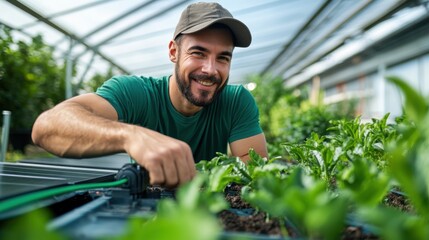 A smiling man in casual attire works on an irrigation system amidst lush green plants, reflecting modern gardening techniques within a spacious greenhouse environment.