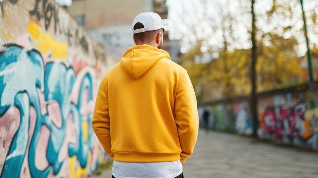 A man in a yellow hoodie is photographed from behind, walking alongside a creatively painted graffiti wall that signifies the cultural vibrancy of the urban street.