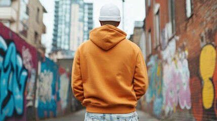 Obraz premium A person wearing a hoodie and hat walks through an alley with vibrant graffiti on the walls, creating an urban and artistic atmosphere in a city setting.