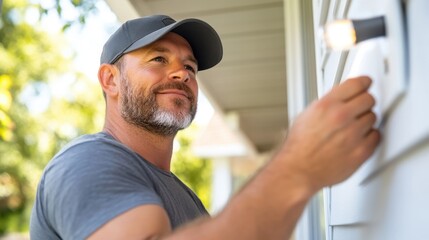 An individual in casual gray attire is carefully adjusting an outdoor light fixture, demonstrating precision and care for a well-lit and inviting exterior environment.