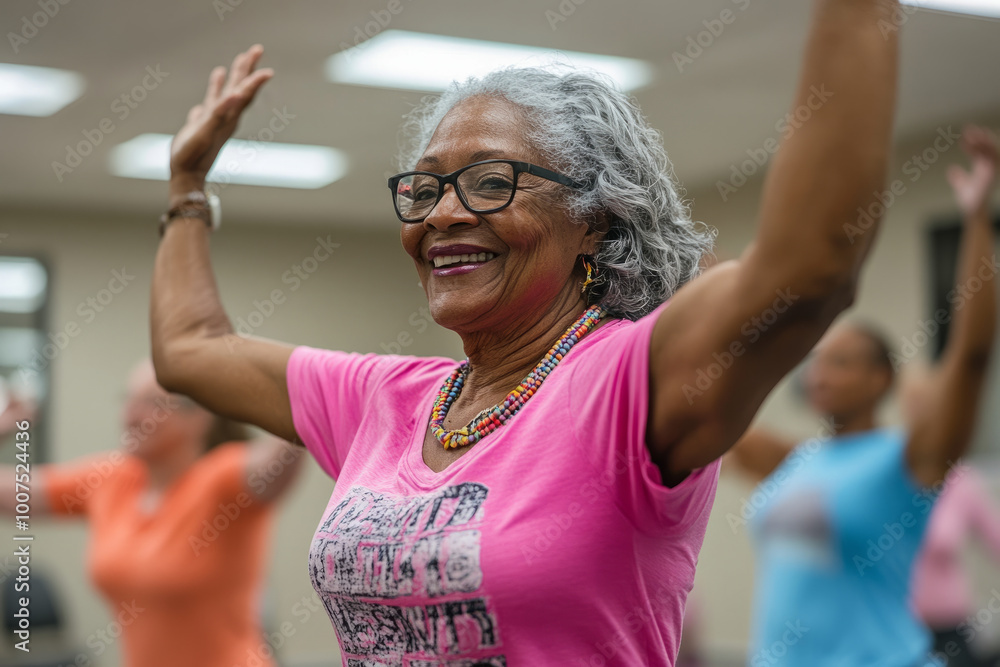 Wall mural a woman in a pink shirt is smiling and dancing