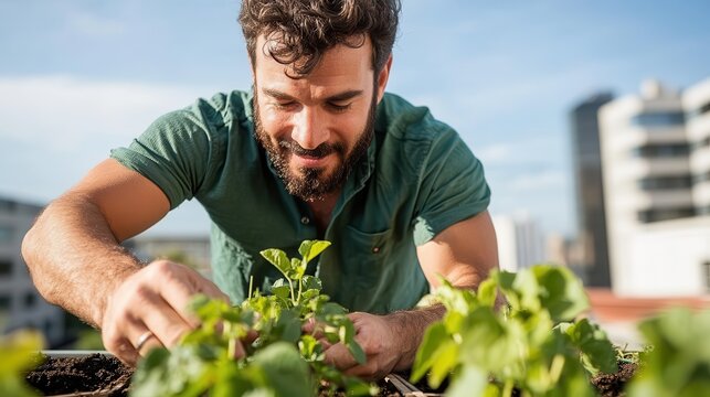 A focused man with a beard carefully tends to plants on a rooftop garden, embodying dedication and the urban pursuit of sustainable living through gardening.