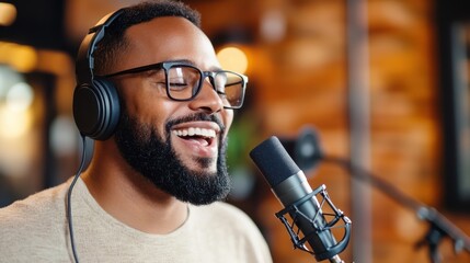 A passionate individual with a microphone and headphones conveys excitement in a vibrant recording space, reflecting dynamic expression and warmth.