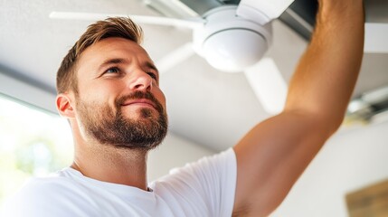 A man focuses intently on fixing a ceiling fan, representing diligence, detail, and precision, highlighting the importance of craftsmanship in household maintenance.