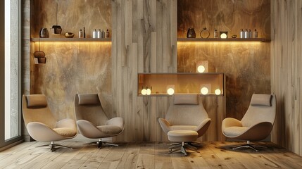 Modern Lounge Area with Wooden Walls and Four Swivel Chairs