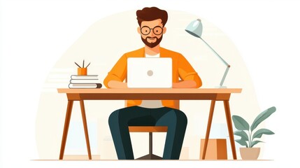 An illustrated character sits at a tidy wooden desk, working on a laptop, featuring a minimalist aesthetic with elements of modern productivity and creativity.
