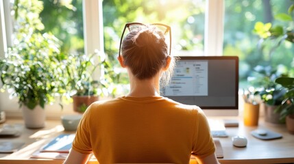 A person sits at a desk with plants and sunlight streaming through the window, emphasizing harmony, nature, and a tranquil work environment in a modern setup.