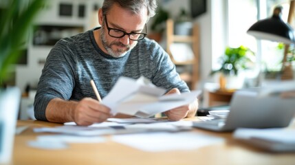 Fototapeta premium A man in glasses is focused on sorting through papers while seated at a desk with a laptop, surrounded by a warmly lit home office setting.
