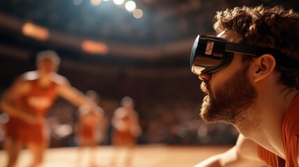 A focused man in VR headset interacting with a virtual sports scenario in a stadium, highlighting the intersection of sports and digital technology innovation.