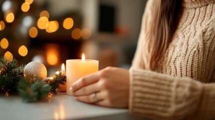 A woman in a knit sweater enjoys a serene candlelit moment, surrounded by festive garland and soft glowing lights, creating a cozy holiday atmosphere.