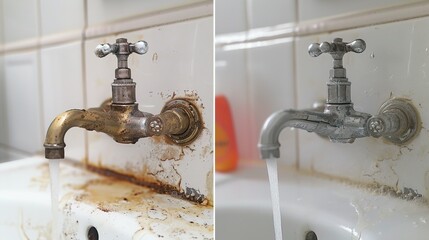Before and After Cleaning of a Dirty Faucet and Sink