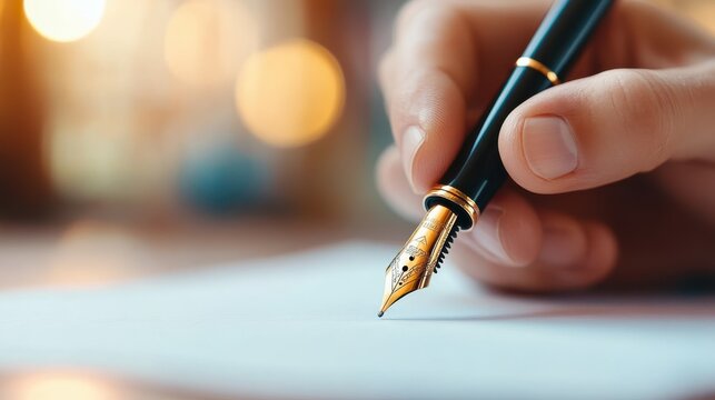 A detailed close-up of a hand carefully writing with a luxurious fountain pen on paper, capturing the essence of fine craftsmanship and precision in writing.