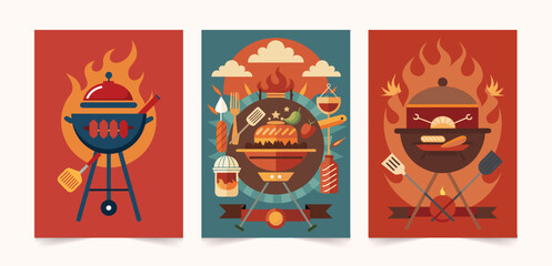 Obraz premium BBQ party time illustration set. Charcoal Grill with Fire Flame Barbecue party. Ideal design for social media, cover, banner, flyer.