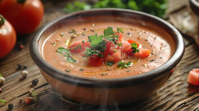 Salmorejo on the table moves with smoke around