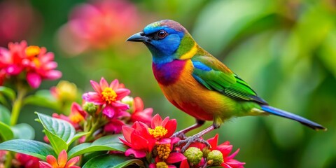 Fototapeta premium Rainbow Bird Perched on Pink Flowers, nature , birdwatching
