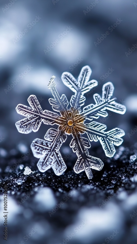Poster a single snowflake, delicate and intricate, rests on a dark surface, its crystalline structure spark