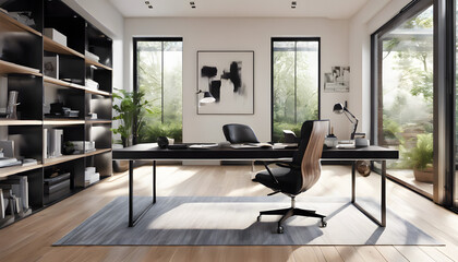 Fototapeta premium Modern wooden dining table with comfortable chairs in a spacious living room with large windows