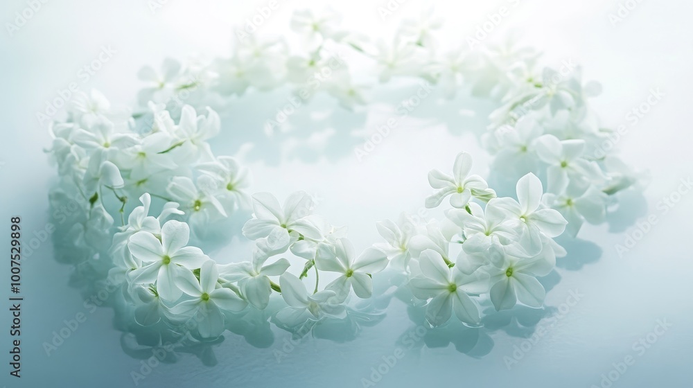 Aufkleber a delicate array of jasmine flowers forming a captivating circular trail on a soft white-light blue 