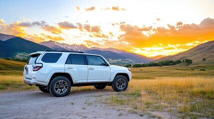 Obraz premium Scenic Sunrise with SUV in a Mountain Landscape
