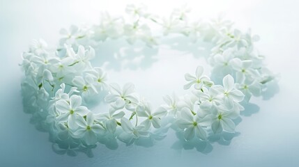 A delicate array of jasmine flowers forming a captivating circular trail on a soft white-light blue background, symbolizing natural beauty