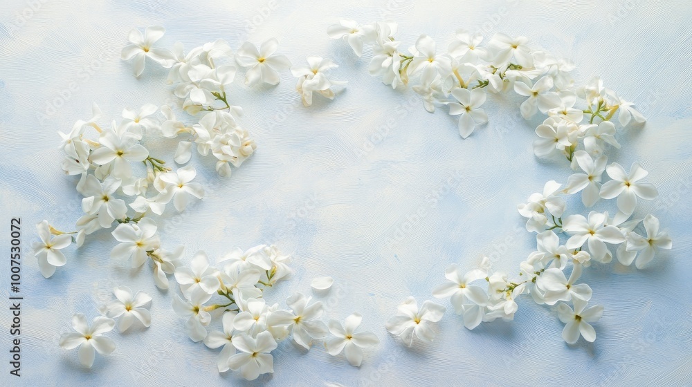 Poster a mesmerizing array of jasmine flowers forming a circular trail, floating on a soft white-light blue