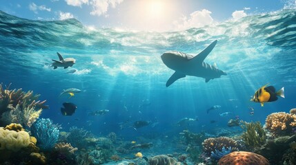 Underwater Scene with Shark and Colorful Coral Reef