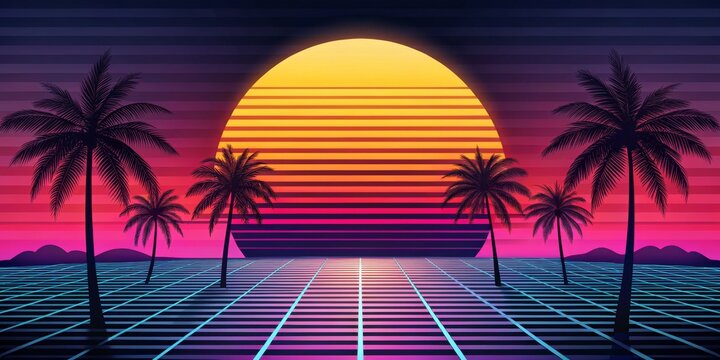 Retro Sunset Palm Trees with Grid Landscape, 80s Aesthetic, Synthwave, Synthwave, 80s Retro