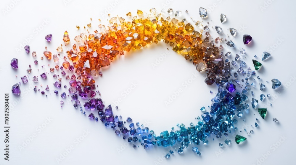 Poster a mesmerizing trail of gemstones in a variety of colors, arranged in a circular pattern on a white b