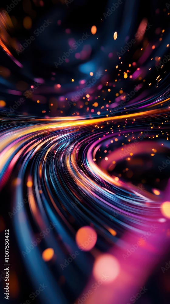 Poster abstract colorful light trails with sparkles on a dark background.