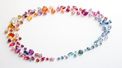 A perfect circle of colorful gemstones arranged in a radiant trail on a sleek white backdrop, symbolizing luxury and timeless beauty