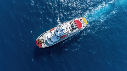 Fototapeta premium Aerial View of Research Vessel in Deep Blue Ocean