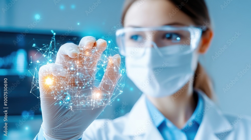 Poster innovative scientist working with digital data in lab