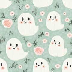 Cute knitted ghost pattern with flowers on green background