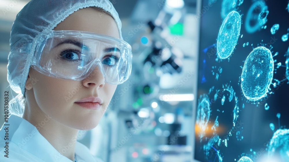 Poster scientist in laboratory with microbial visualization