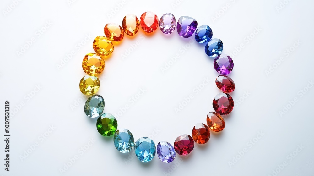 Poster beautiful gemstones in a dazzling array of colors forming a perfect circle trail on a minimalist whi