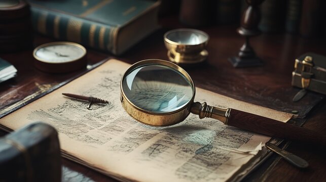 Detective's Magnifying Glass,This image features a classic detective's magnifying glass, symbolizing investigation and mystery. The magnifying glass should be prominently displayed,