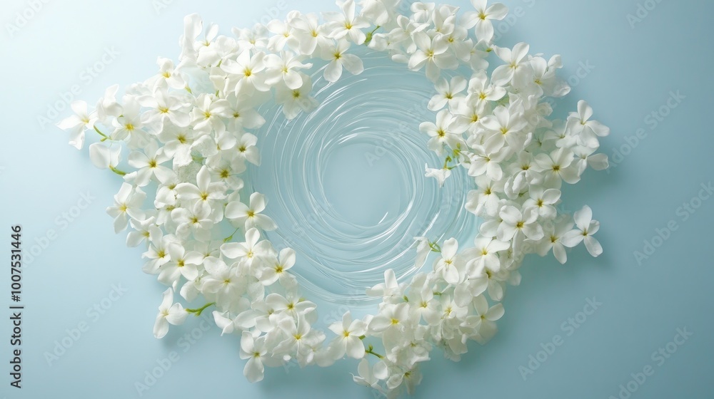 Poster jasmine flowers in a circular trail, floating on a soft white-light blue background, creating a beau