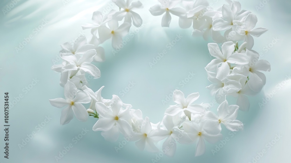 Poster jasmine flowers in a circular trail, floating on a soft white-light blue background, creating a beau