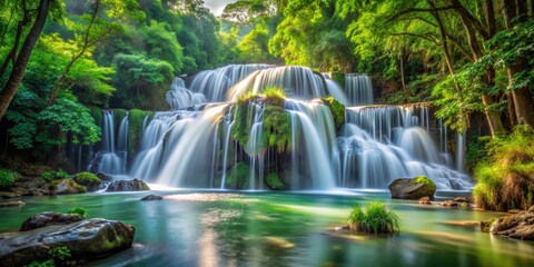 Obraz premium Serene Waterfall Cascading Through Lush Greenery, Nature Photography, Waterfall , Landscape