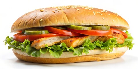 Sesame Seed Bun Chicken Sandwich with Lettuce, Tomato and Pickles, fast food, lunch